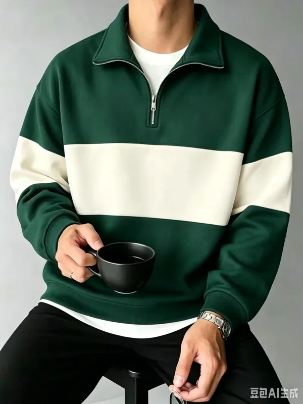 Autumn and Winter Color Blocking printed Men's Clothes Casual Half Zip Long Sleeve Sweatshirts Street Trend Stand Collar Hoodies