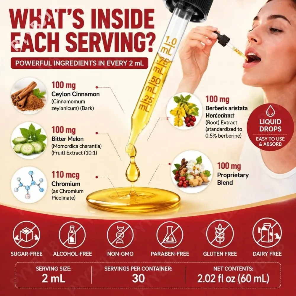 Berberine Liquid Drops Chromium & Ceylon Cinnamon Supports Vitality Metabolic Wellness Digestive Health Sugar-Free Non-GMO 60ml