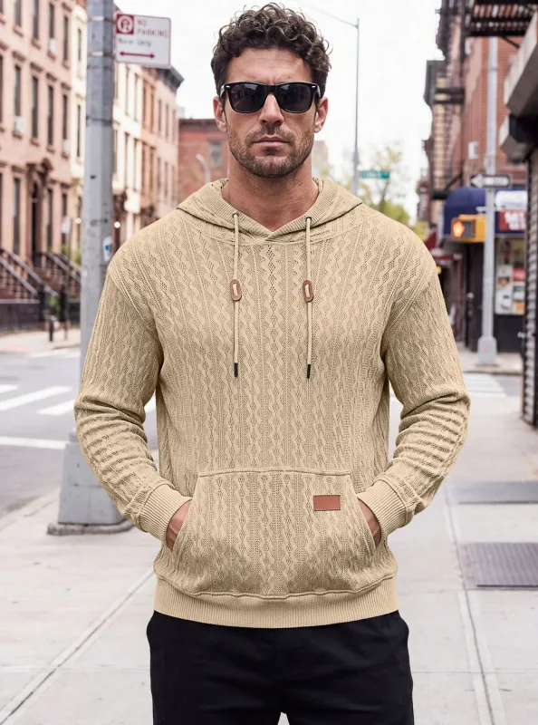 Men Thin Cable Knit Hooded Sweatshirt Drawstring Hood Kangaroo Pocket Long Sleeve Loose Casual Pullover Autumn Daily Street Tops