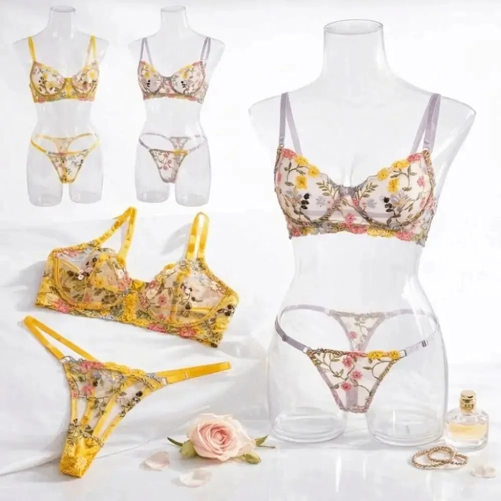 2-Piece Bohemia Floral Lingerie Set Sheer Versatile Underwear Intimates Underwire Push-up Embroidery Bra Panty Set For Lady Girl