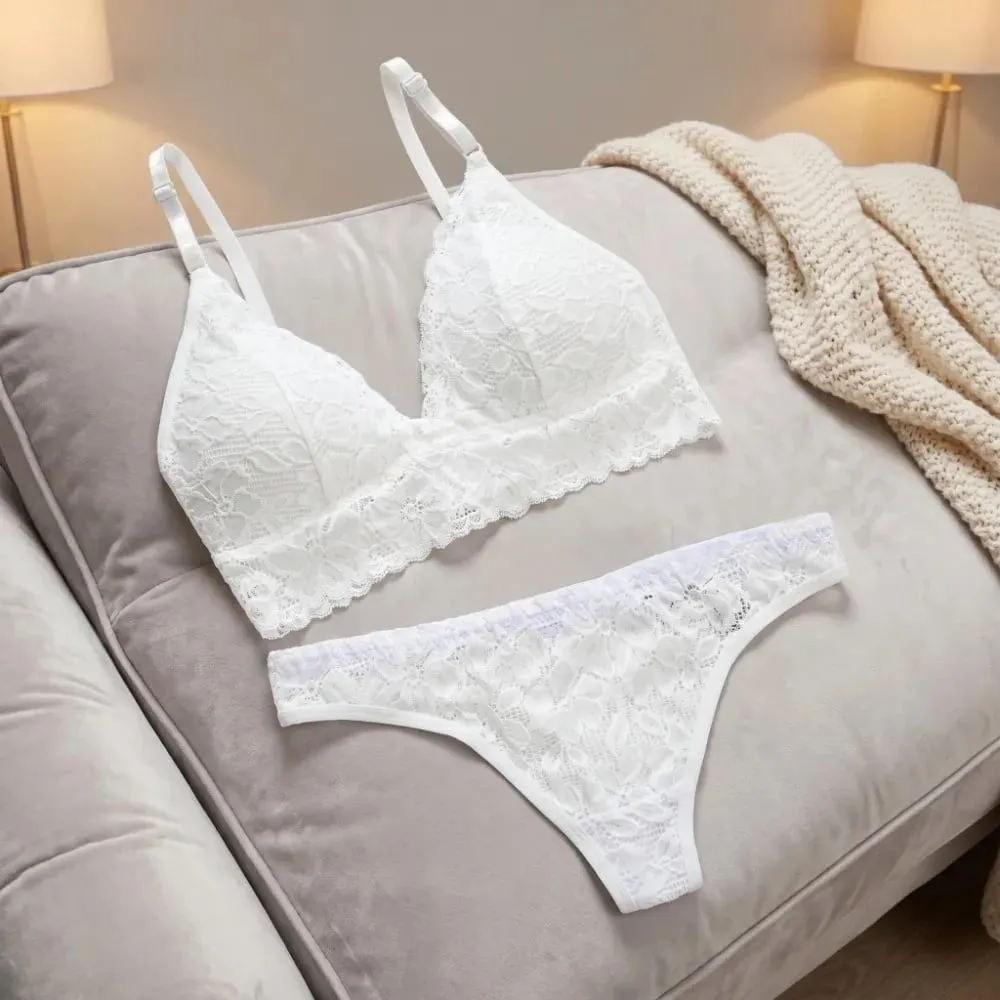 V Neck Lace Flower Bra Set Thong Solid Color Floral Panties Bra Kit Low Waist Lingerie Lace Underwear Valentine's Day Gift
