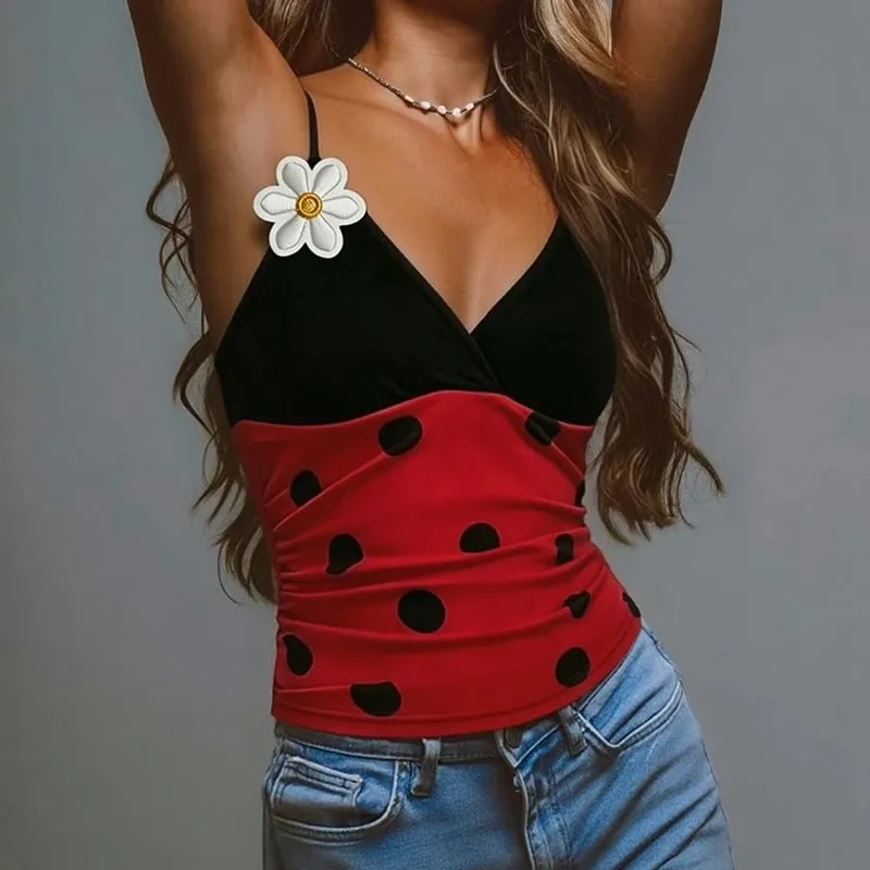 Women Dot/Stripe Camis V Neck Slim Tank Vest Halloween Cosplay Outfit Y2K Cute Bug Party Casual Streetwear Sleeveless Crop Tops