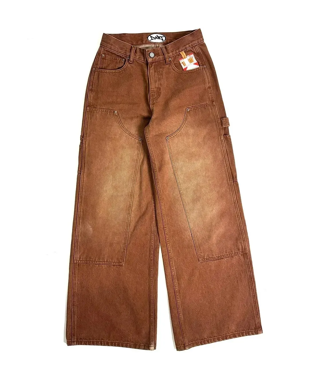 Mens Streetwear Brown Washed Denim Carpenter Pants Cigarette Pattern Pocket Loose High Waist Wide Leg Casual Jeans Daily Wear
