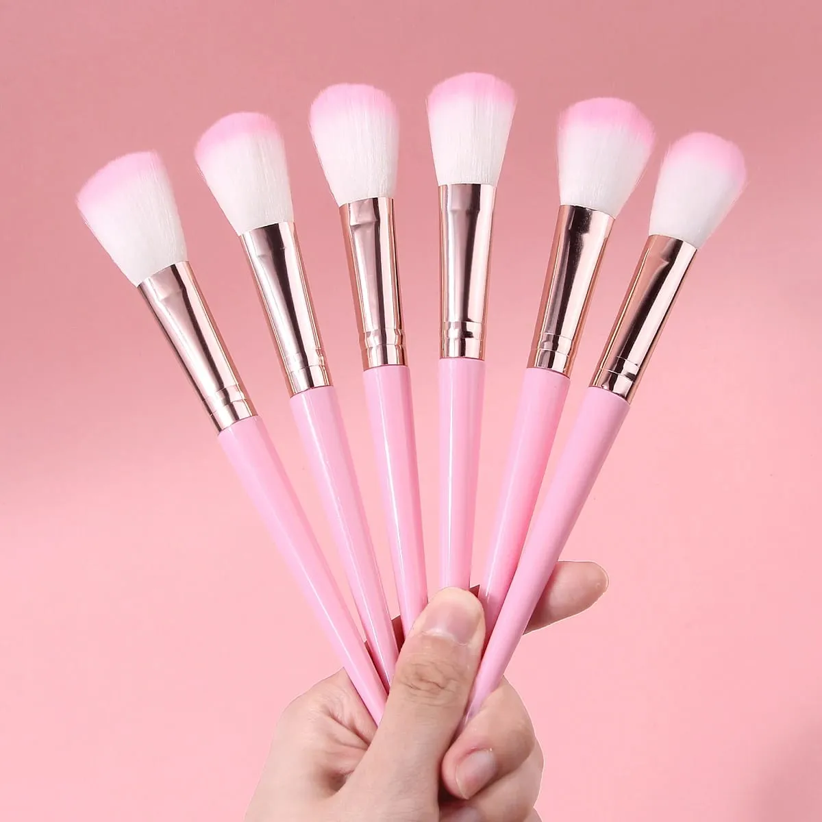 6Pc Daily Use Makeup Brushes Soft Pink Hair Blush Powder Brushes Airy Flawless Finish Professional Face Cosmetic Tool Kit