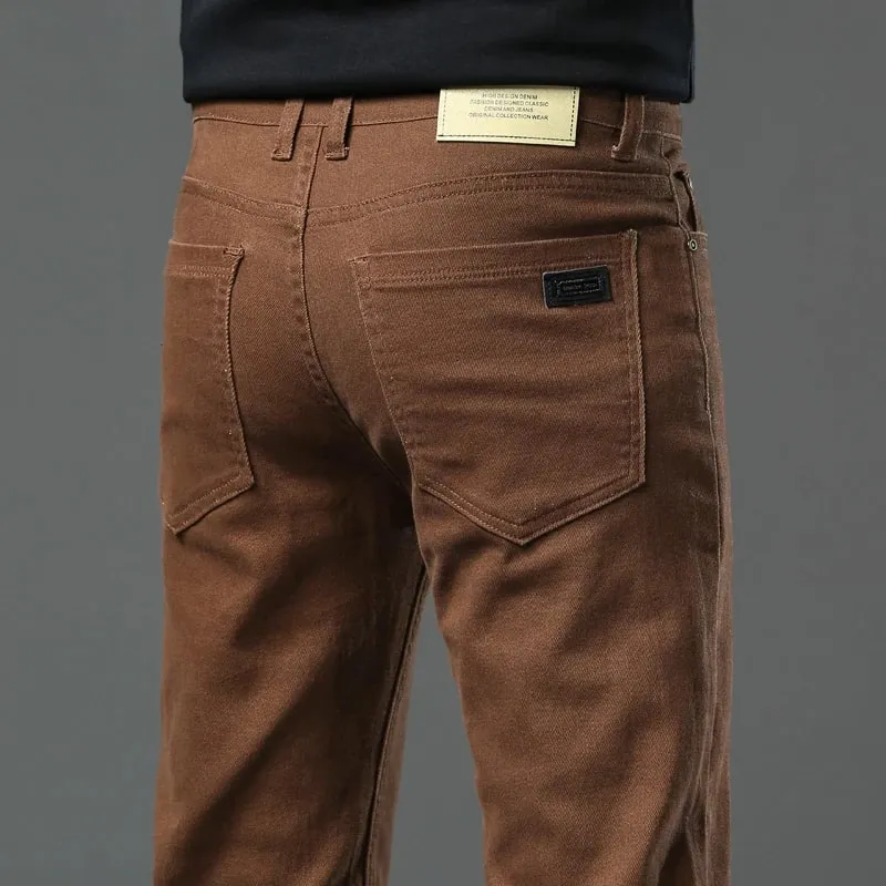ArmyGreen Elastic Cotton Jeans Men's Spring Fashion Slim Straight Denim Pants Comfort Large Size Korean Business Casual Trousers