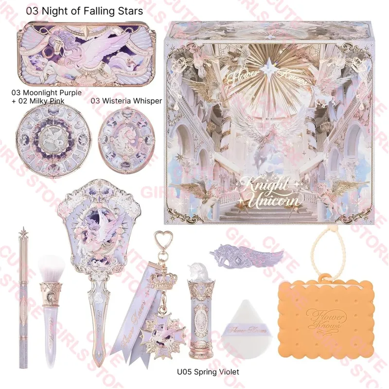 Flower Knows Knight Unicorn Collection Mini All-In Gift Set- with Lipstick Blush Eyeshadow Powder Lip Liner Mirror & Tools