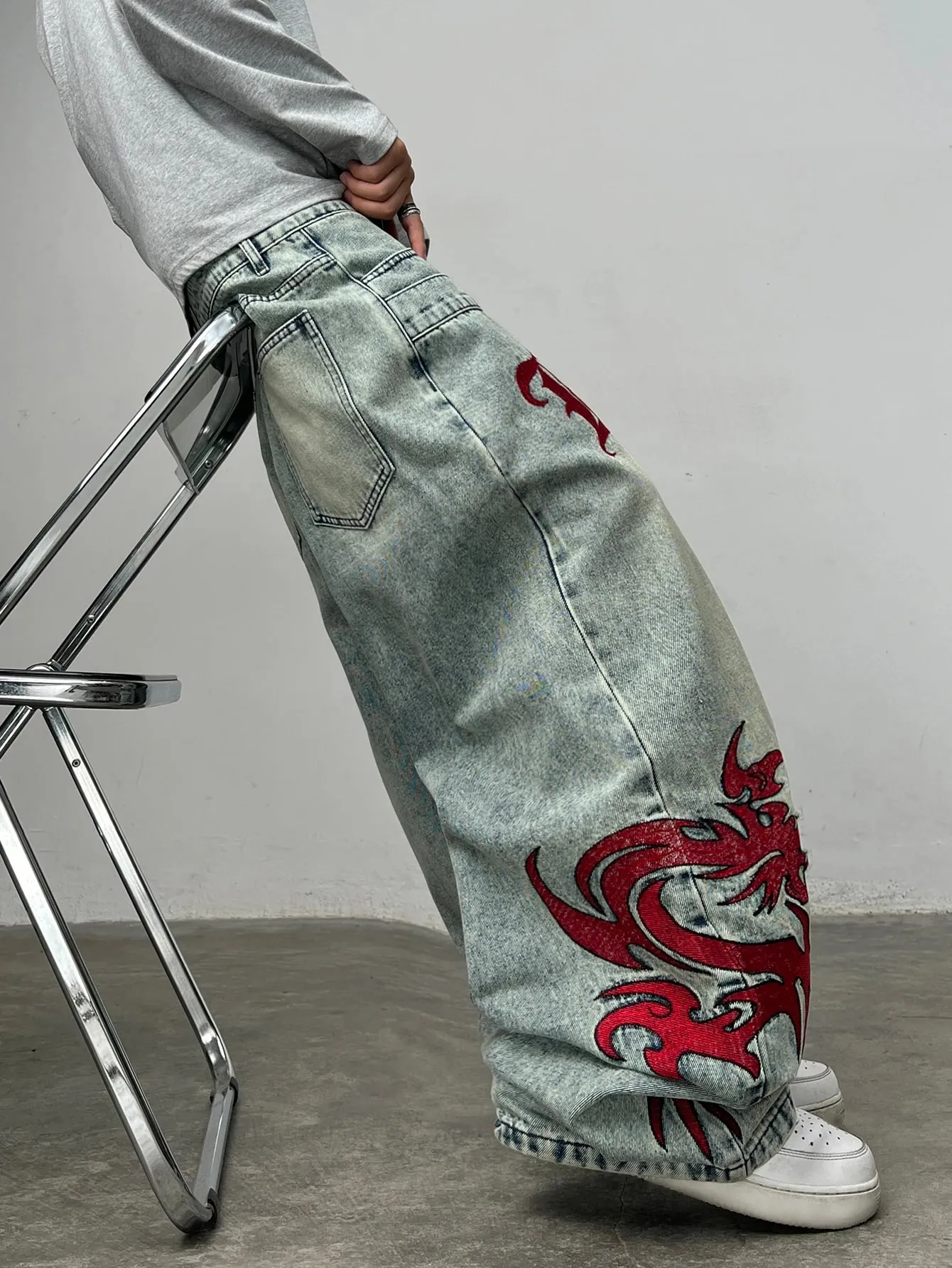 American Vintage Double-Waist Embroidery Design Blue Men's Loose Wide-Leg Jeans Y2K Street Hip-Hop Trendy Versatile Pants
