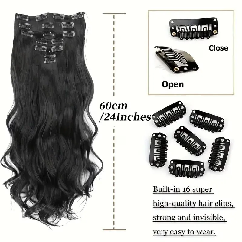 Synthetic 24Inch 7pcs/set Long Curly Clip In Hair Extensions Heat Resistant Fluffy Hairpiece for Women Daily Party Use