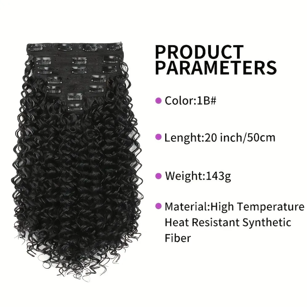 7pcs Clip In Curly Hair Extensions Suitable for Women - 50.8 cm Deep Wave Synthetic Hair with Clips Heat Resistant Fiber