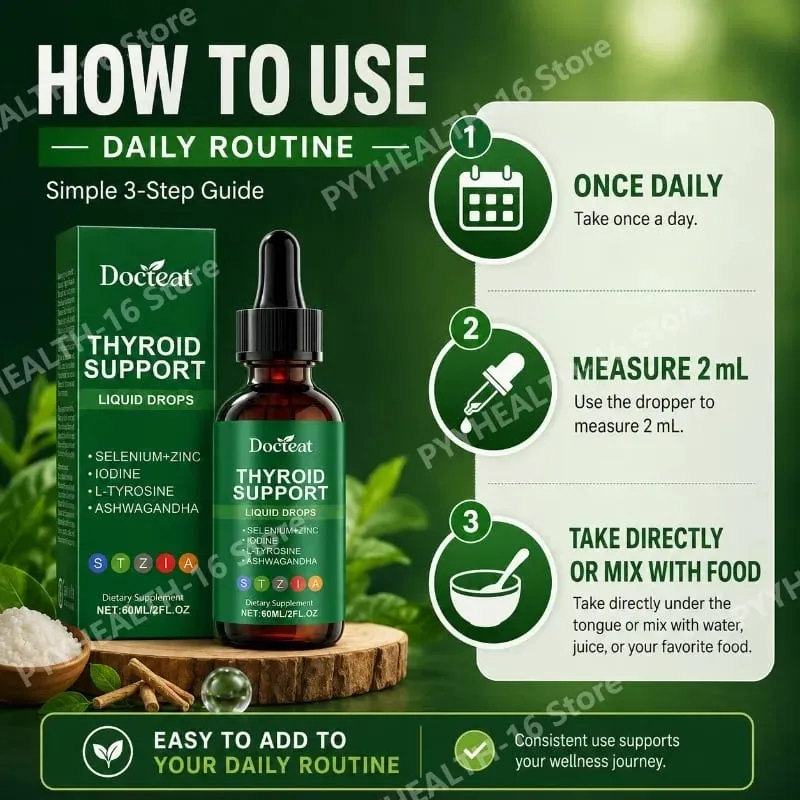 Docteat Thyroid Support Liquid Drops with Selenium Zinc Iodine L-Tyrosine & Ashwagandha Dropper Design for Daily Use 60 ML