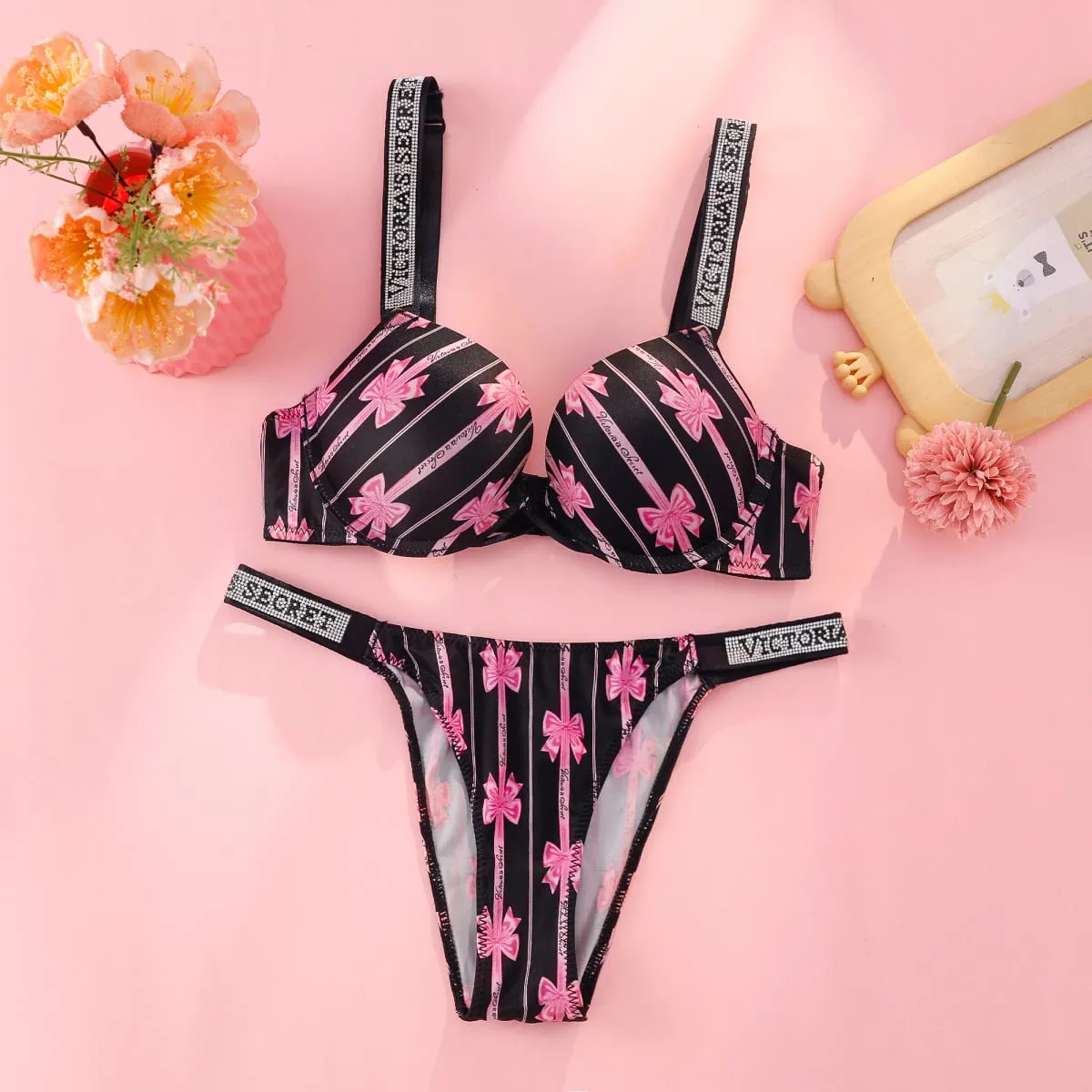 Victoria s Secret Rhinestone Logo Shoulder Straps Lace Underwear Sexy Lingerie Set Push Up Bra And Panties Set For Women — image 5
