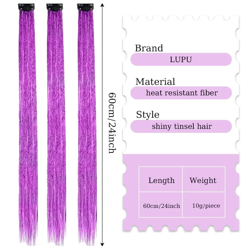 2PCS Synthetic Hair Tinsel Clip in Extensions Colored Sparkle Hair Tinsel Kit with BB Clip for Kids Girls Christmas Party Use