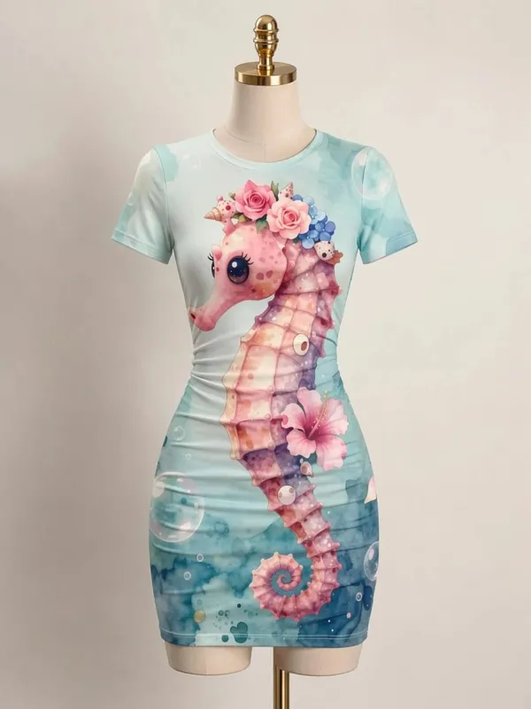 Womens Short Sleeve Bodycon Mini Dress Slim Fit Crew Neck Floral Print Casual Summer Party Cute Elegant Smooth Vacation Sundress — image 9