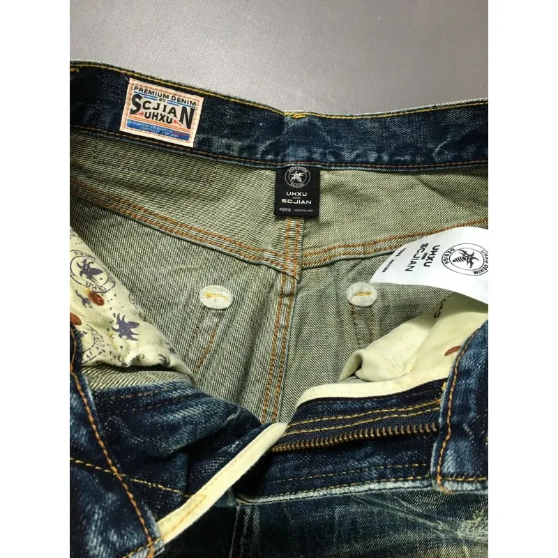 Heavy duty denim pants for men nostalgic trend 2025 new style distressed washed loose straight leg scratch jeans