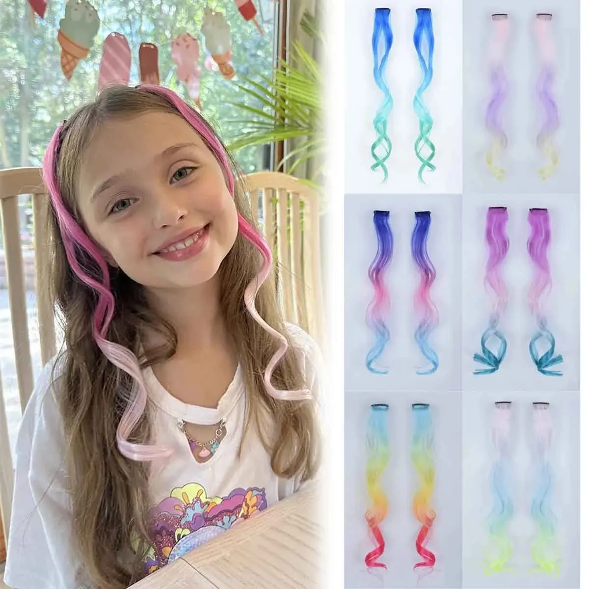 6PCS Ombre Clip In Hair Extensions Synthetic Body Wave Long Wavy Rainbow Highlight For Women Party Cosplay Festival Hair — image 2