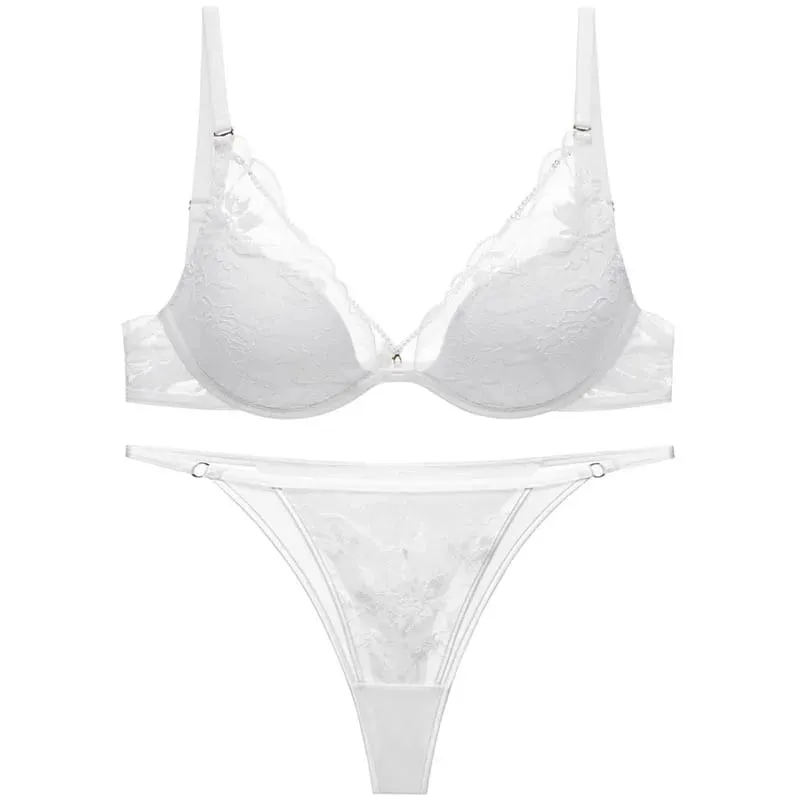 Logirlve French Thin Women Lingerie Set Sexy Satin Lace Splicing Comfort Bras Print Temptation Bra and Thong Sets Underwear