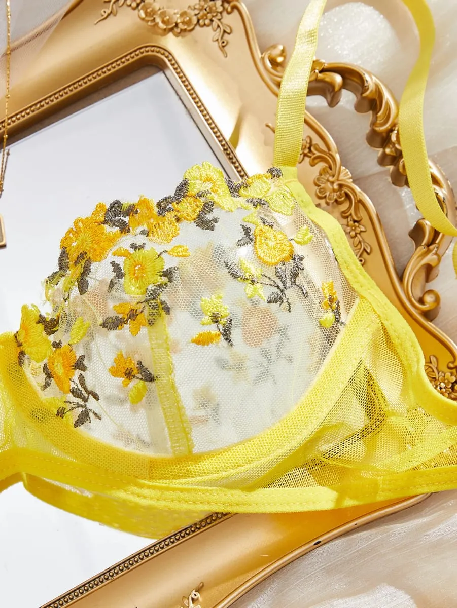 Fairy Yellow Lingerie Women Transparent Bralette 2 Piece Underwear Sets Floral Embroidery Bra Panty And Panty Set