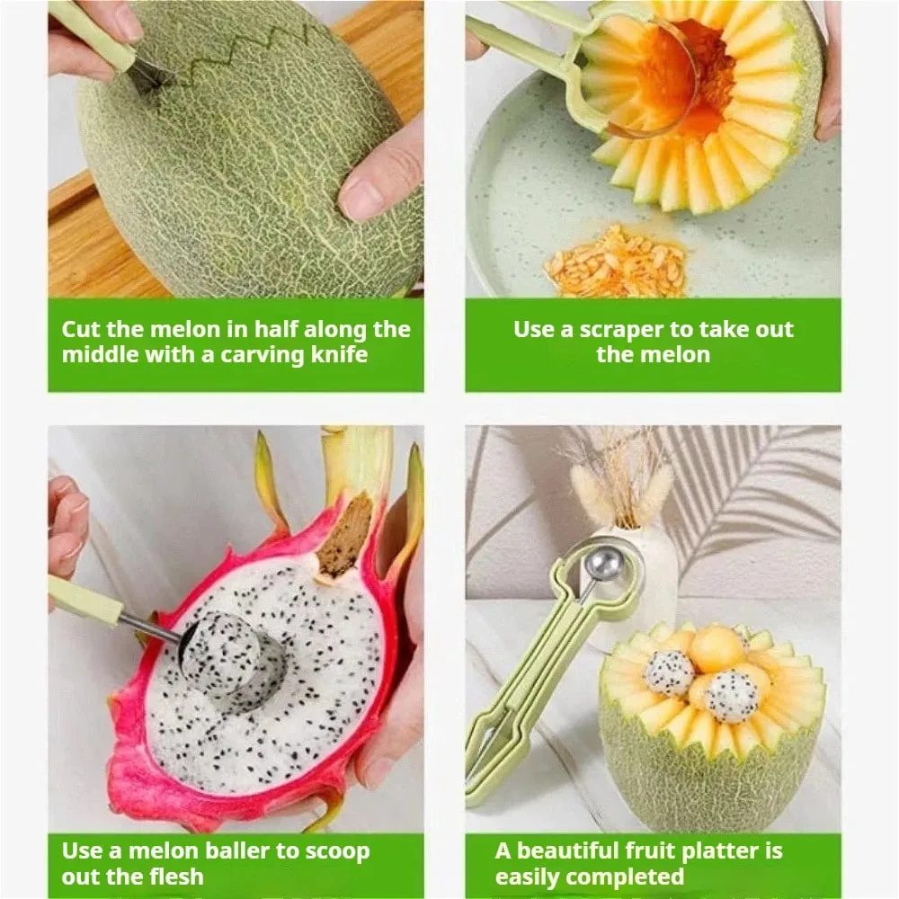 Melon Baller Scoop Set 4 In1 Fruit Cutters Shapes Watermelon Scooper Fruit Scooper and Baller Stainless Steel Fruit Carving Tool