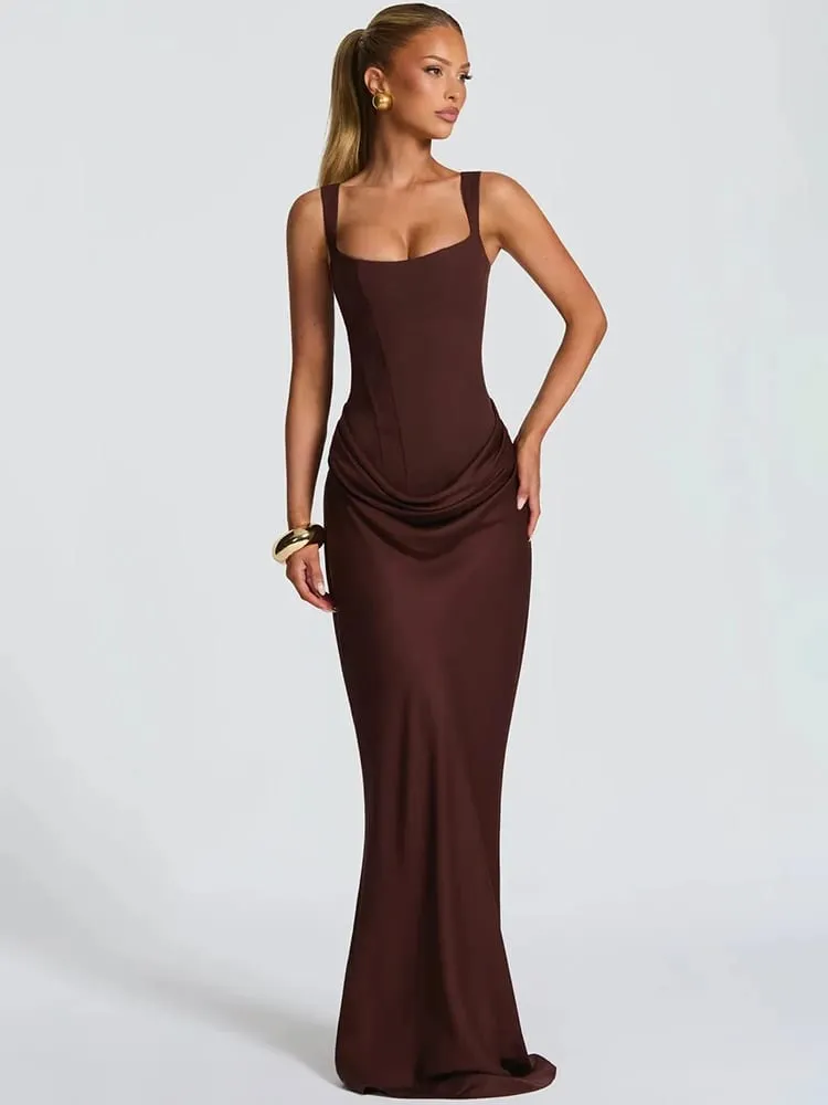 Mozision Backless Ruched Sexy Maxi Dress Women Elegant Square Collar Tapered Straps Sleeveless Bodycon Club Party Long Dress — image 2
