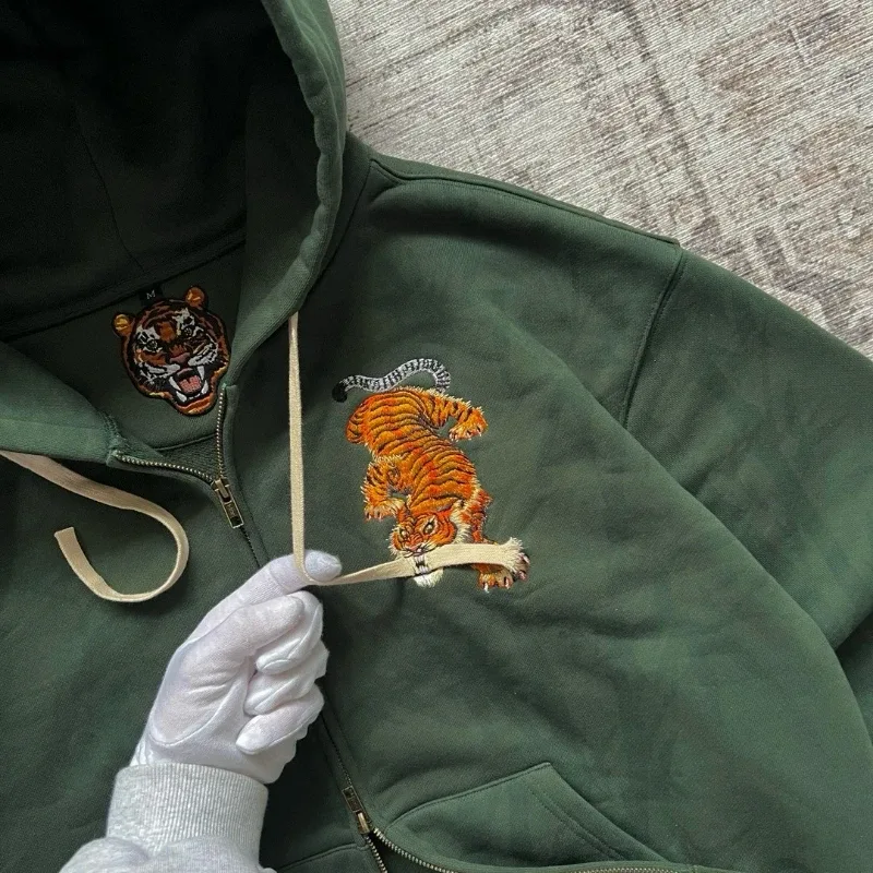 Dark Brown Full Zip Hoodie Double Men Wolf Embroidery Drawstring Pocket Oversized Y2K Grunge Vintage Street Zip Up Sweat Jackets