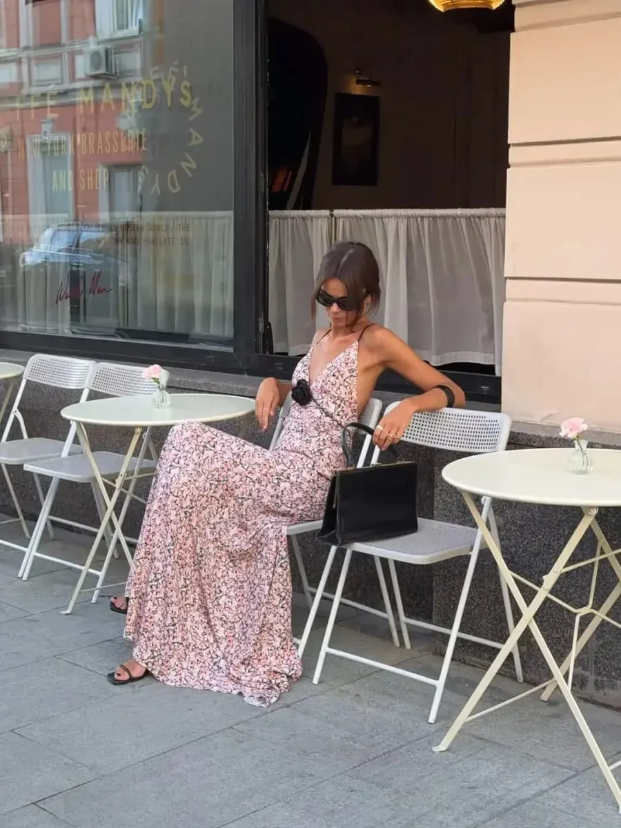 Pink Floral Printed Sling Maxi Dress Spaghetti Strap Deep V Neck Front Black Rose Detail Ruffle Hem Lady Street Vacation Dresses