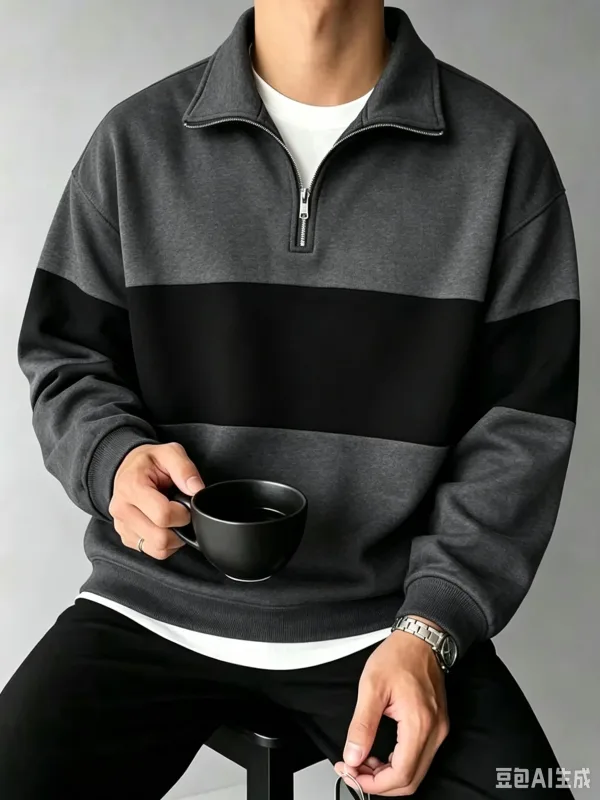 Autumn and Winter Color Blocking printed Men's Clothes Casual Half Zip Long Sleeve Sweatshirts Street Trend Stand Collar Hoodies