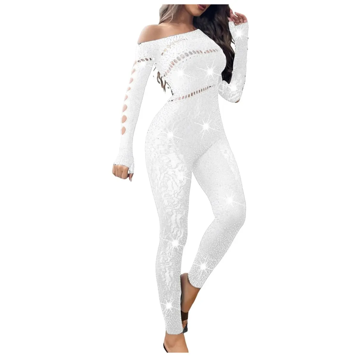 2025 Lace Embroidery Bra Set Women Sexy Mesh Rhinestone Jumpsuit Long Sleeve See Through Sexy Bustier Lingerie for Women