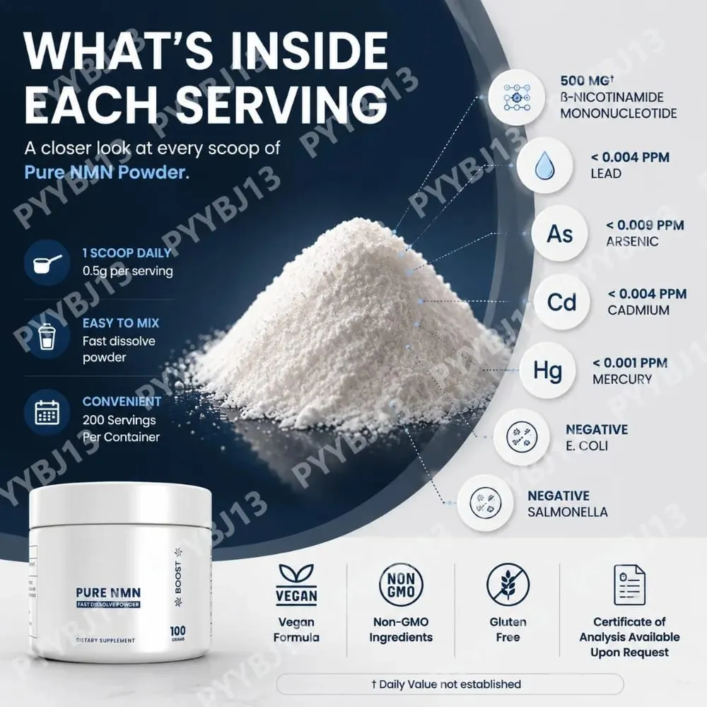 NMN Supplement Powder Nicotinamide Mononucleotide 500mg Pure Formula for Men Women Cellular Energy Support Daily Nutrition 100g