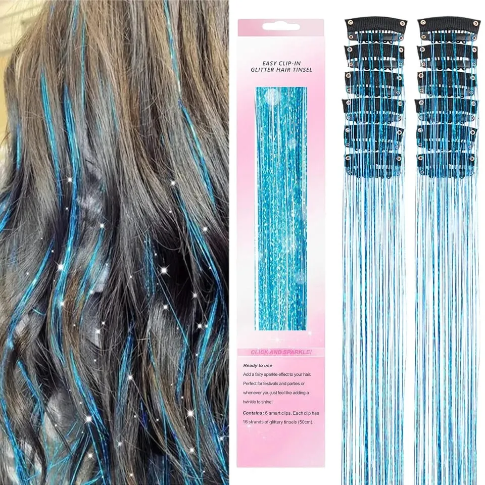 Synthetic 12Pcs Hair Tinsel Clip In Glitter TinselStraight Hair Extensions Tinsel Kit Shiny Hair Accessories For Women