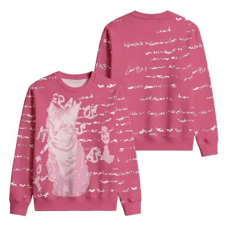 Vintage Cat Portrait English Letter Graphic Pullover WIFRU Harajuku Aesthetic Long Sleeve Crewneck Top Unisex Casual Streetwear — image 6