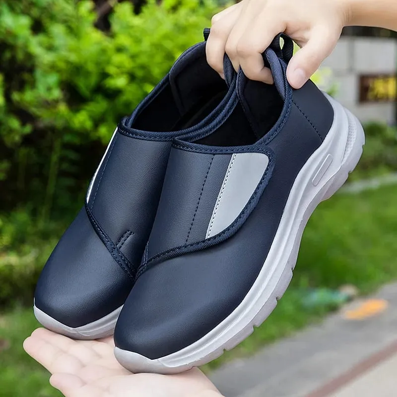 Men's Orthopedic Diabetic Leather Sneakers Adjustable Hook & Loop Wide Fit Open Shoes for Swollen Feet Comfortable Walking Shoes