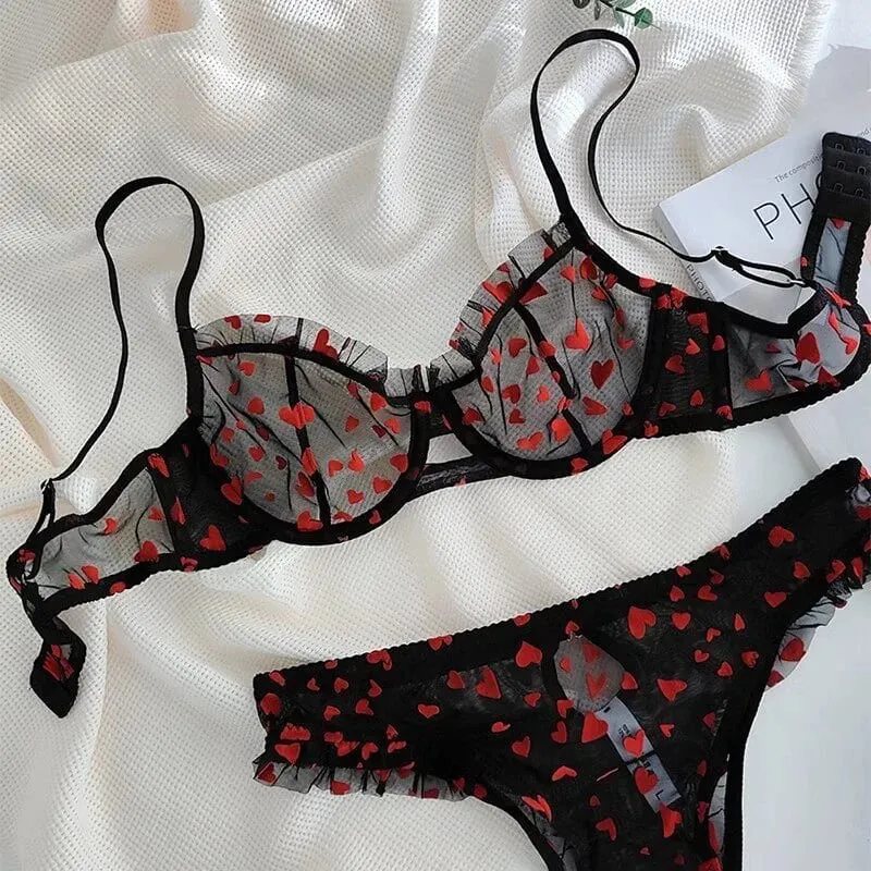 French Heart Print Transparent Lingerie Set Ultra Thin Underwire Bra Lace Sexy Push Up Gathering Small Breast Boost Hot Selling