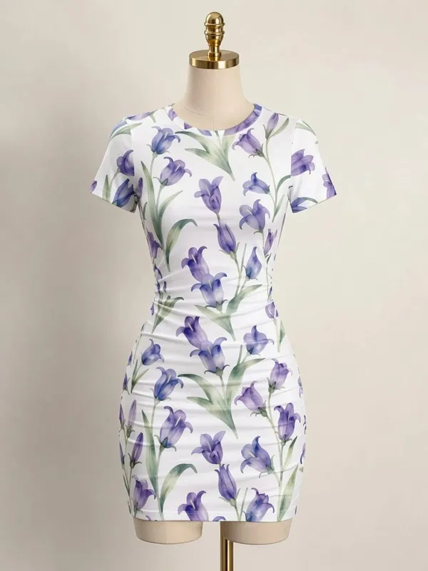 Womens Short Sleeve Bodycon Mini Dress Slim Fit Crew Neck Floral Print Casual Summer Party Cute Sweet Slimming Vacation Sundress — image 13