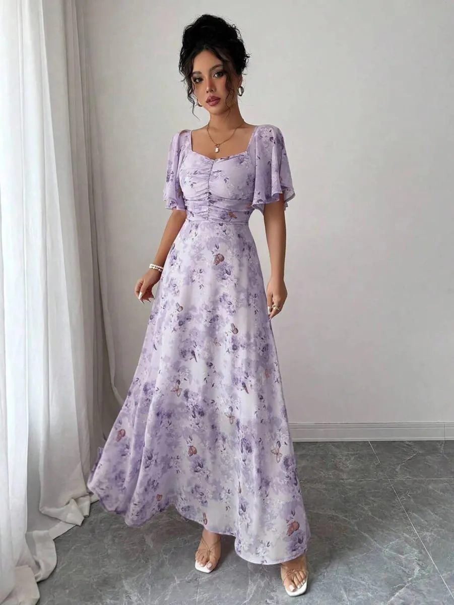 Women's Sweet French Style Mini Dress with Purple Butterfly Print Batwing Sleeves & Back Zipper