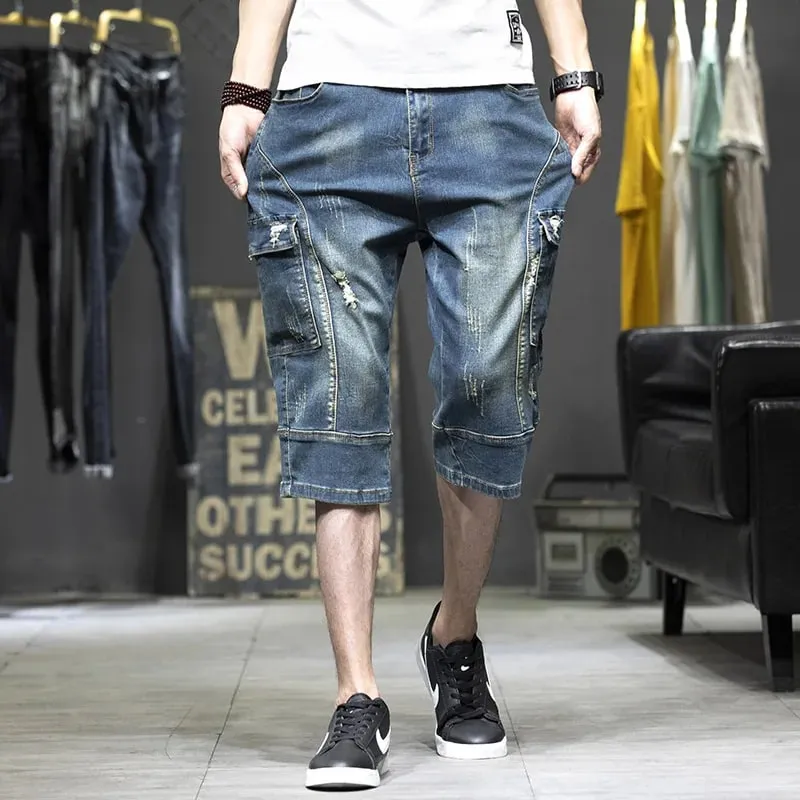 Cargo Man Denim Shorts Knee Length Half Long Bermuda Short Jeans Pants for Men with Pockets Blue Luxury Jorts Thin Streetwear — image 4