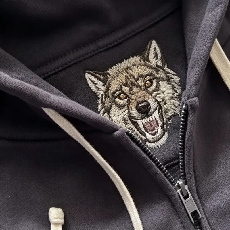 Y2K Grey Wolf Embroidered Hoodie Fashion Hip Hop Unisex Double Zipper Sweatshirts Oversized Vintage Harajuku Dark Street Jacket