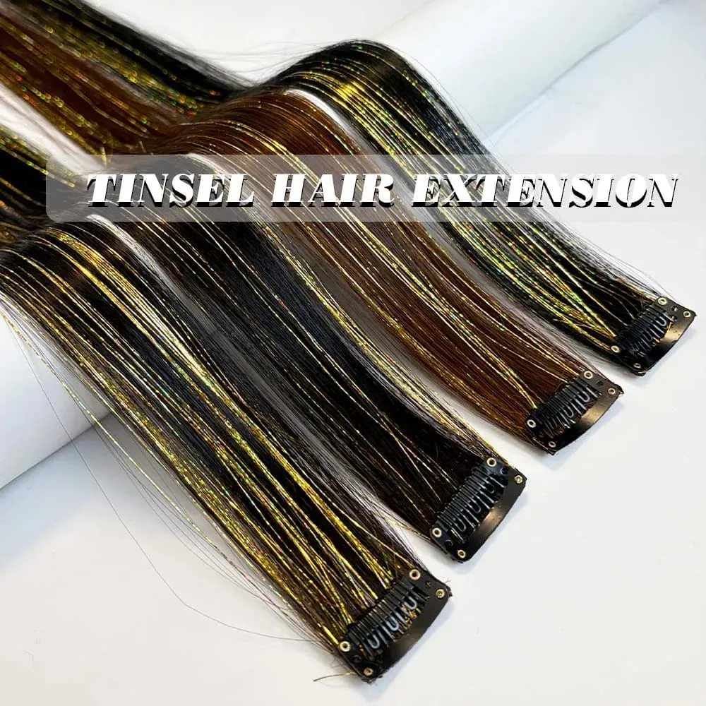 2PCS light brown with tinsel Hair Extensions 24inch Sparkling Hair Clips Multicolored Clip In On Hair Extension Synthetic Hair
