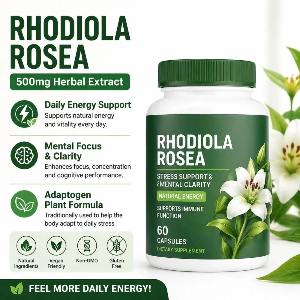 Rhodiola Rosea Capsules 500mg Herbal Supplement for Daily Energy Balance Mental Focus Adaptogen Plant Extract 60 Capsules — image 1