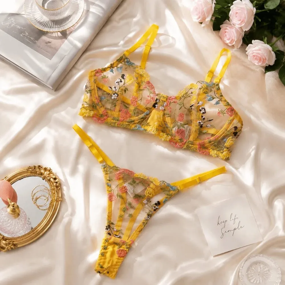 Versatile Transparent Lingerie Set Ultra-thin Elegant Embroidery Floral Underwear Push Up Panties Bra Set Women — image 4