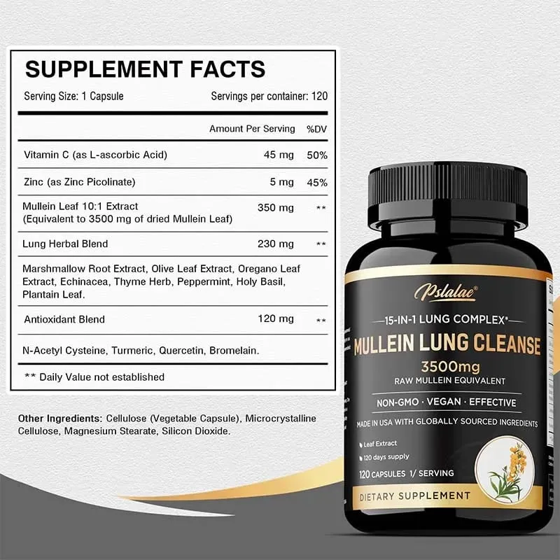 Limpeza pulmonar de verbasco - Limpeza pulmonar Imunidade para saúde pulmonar - Suplemento respiratório para fumantes Cápsulas vegetarianas