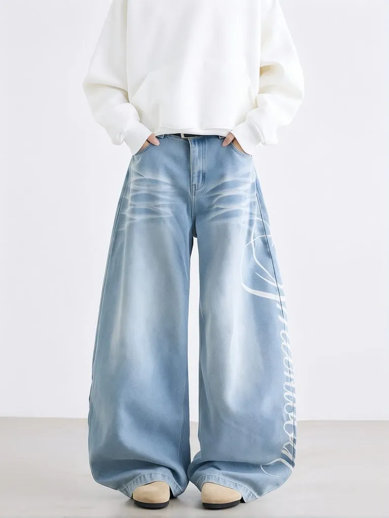 Y2k Printed Letter Baggy Jeans Men Wide Loose Curved Pants Streiaght Long Trousers Work Wear Denim Pants Casual