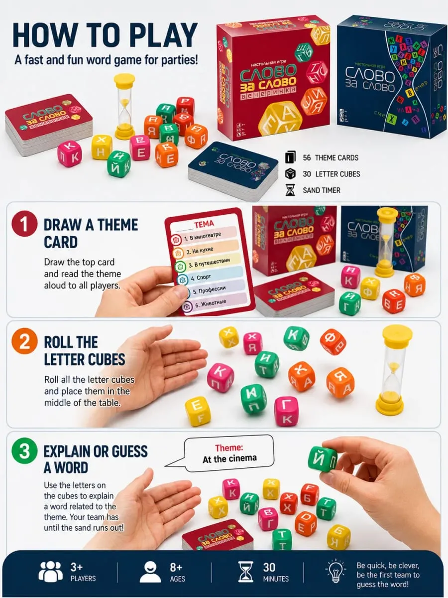 Word Game Board Game Family Party Card Game with Letter Dice Educational Strategy Game for Kids and Adults Russian Version