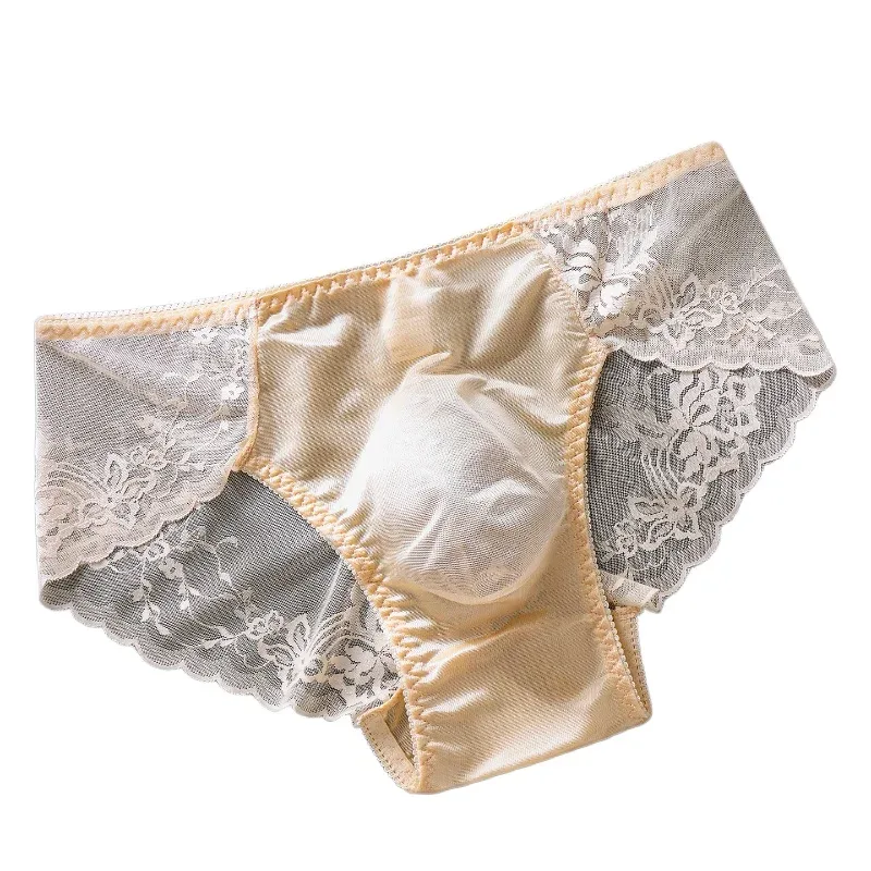 Men's Lace Briefs 3d U Convex Pouch Lingerie Ice Silk Breathable Thin Underwear Sexy Low-Rise Panties Sissy Feminization