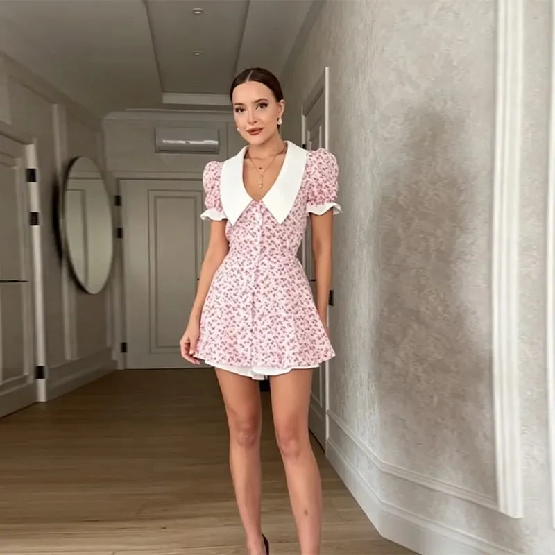 Elegant Floral Print Mini Dress Lapel Collar Puff Sleeves Fitted Waist A-line Skirt Inner Shorts Casual Women Summer Daily Wear — image 11