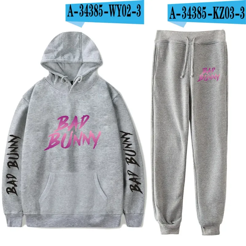Harajuku Comfortable Funny bad bunny Print Sweatshirt Sweatpants Suit Men/Women Hoodies+ Trousers Suit Cute 2 Piece Set Clothes