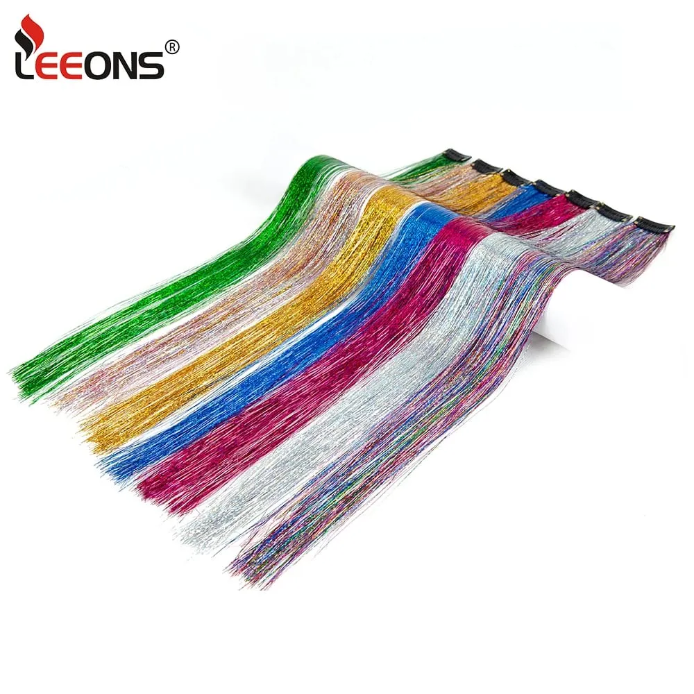 Straight Rainbow Colored Party Highlights Clip On In Hair Extensions Bling Hair Piece Synthetic Hairpieces Sparkling Tinsel Red — image 3