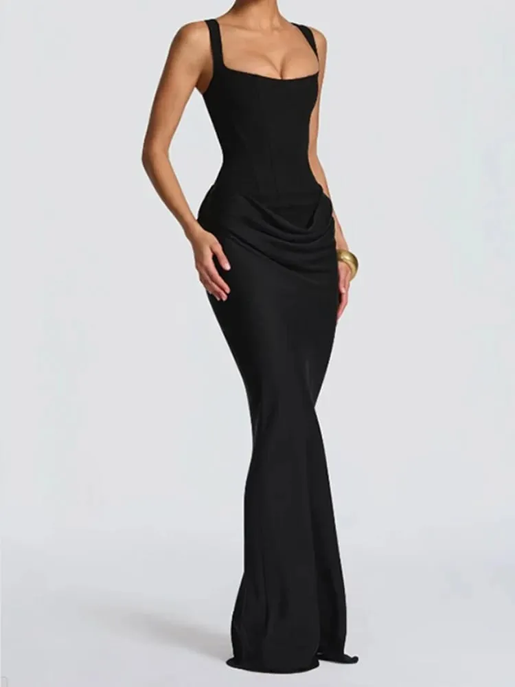Women Pleated Sleeveless Maxi Dress Summer Solid Slim Fit Square Neck Corset Style Dresses Flady Fashion Evening Party Gowns