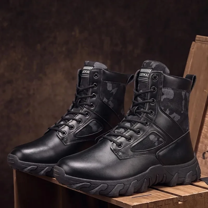 Men High‑top Casual Boots Lace‑up PU Fabric Splicing Rugged Non‑slip Thick Sole Shoes For Daily Street Walking All Season