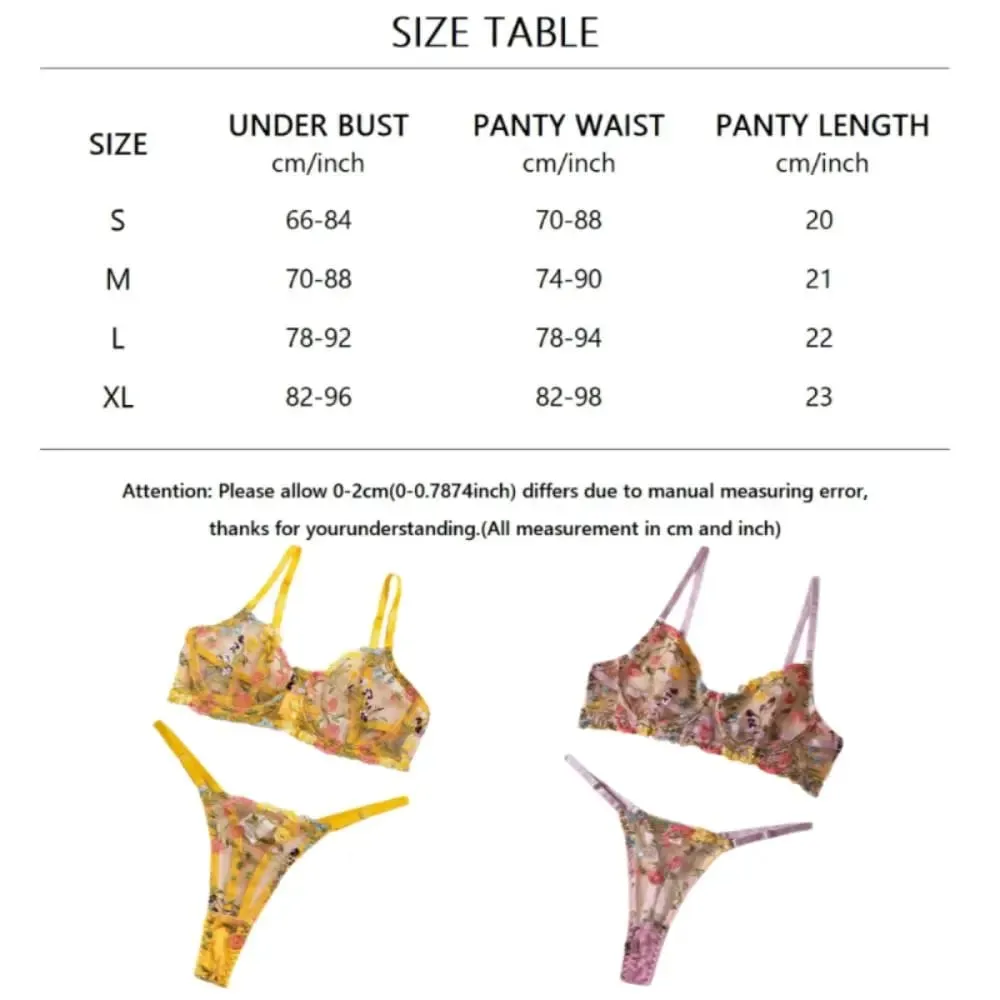 2-Piece Bohemia Floral Lingerie Set Embroidery Sheer Underwear Intimates Underwire Push-up Versatile Bra Panty Set For Lady Girl