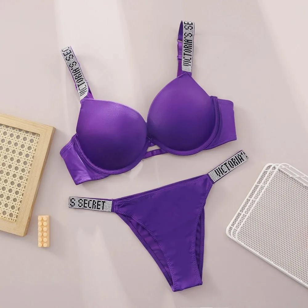 Victoria Secret Shine Script Thong Panty Very Sexy Logo Shine Strap Push Up Bra Set Sexy Women Lingerie Hot